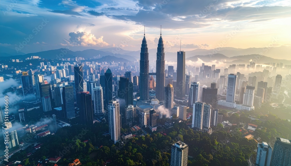 Fototapeta premium Aerial View of Kuala Lumpur's Modern Skyline at Sunset
