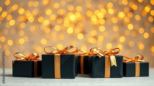 Wallpaper Mural Black Gift Boxes with Gold Ribbon - Sparkling Background Torontodigital.ca