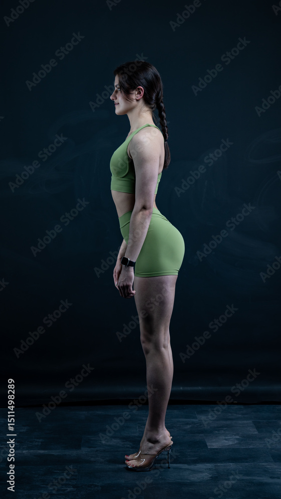 Fototapeta premium Young beautiful woman with athletic body on dark background. Fitness girl 