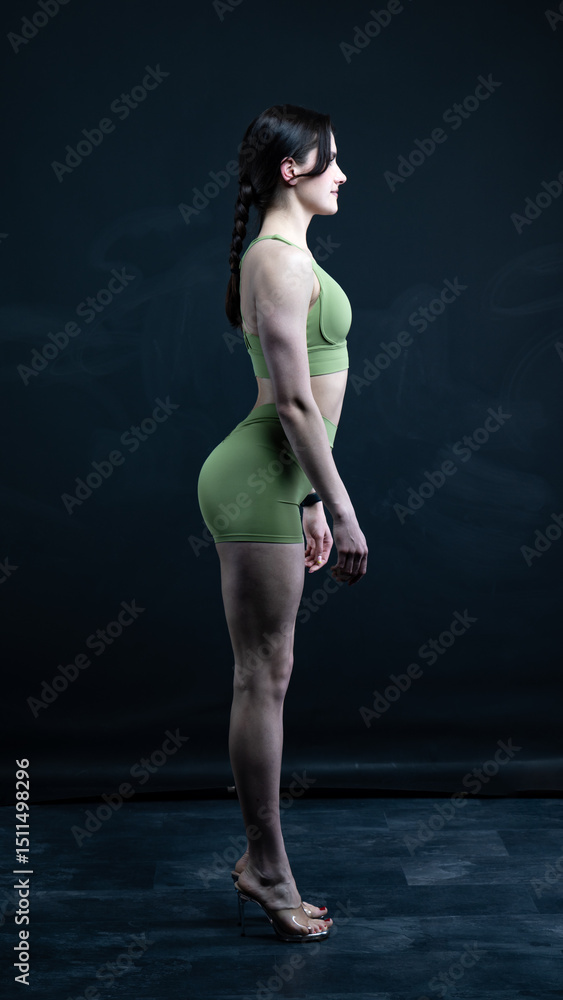Obraz premium Young beautiful woman with athletic body on dark background. Fitness girl 
