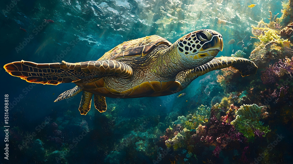 Fototapeta premium Sea turtle swimming amidst vibrant coral reef.