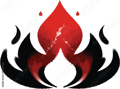 Stylized flame design with red center and black outer edges on a white background with droplets