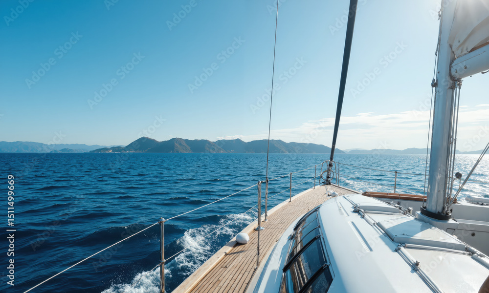 Fototapeta premium Sailing Adventure on a Blue Ocean with Gentle Breeze A tranquil sailing adventure on a blue ocean, the sailboat gliding smoothly across
