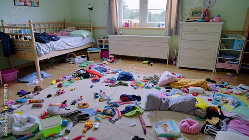 A messy kids room with all kinds of things scattered on the floor. Lots of clutter.