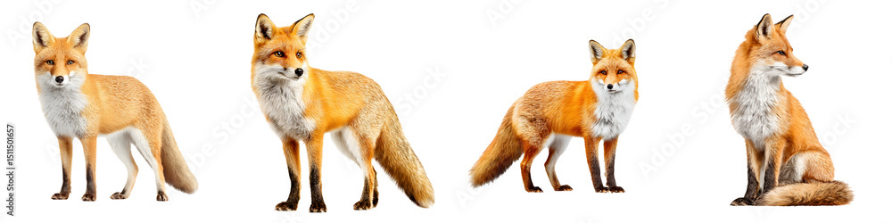 Fototapeta premium Vibrant foxes in various poses with lush orange fur showcasing their playful and majestic nature, perfect for wildlife-themed projects, wallpapers, or educational materials