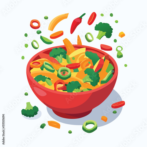 Veggie Stir Fry with Sauce Splash creative isometric illustration with layered dimension and depth cues.