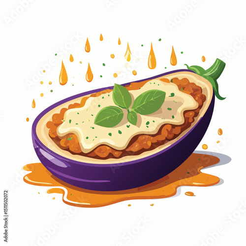 Eggplant Parmesan with Sauce Splash creative isometric illustration with layered dimension and depth cues.