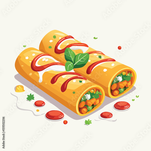 Chicken Enchiladas with Sauce Splash creative isometric illustration with layered dimension and depth cues.