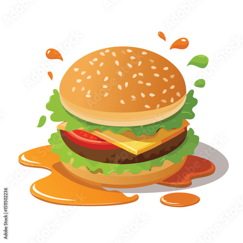Veggie Burger with Sauce Splash creative isometric illustration with layered dimension and depth cues.