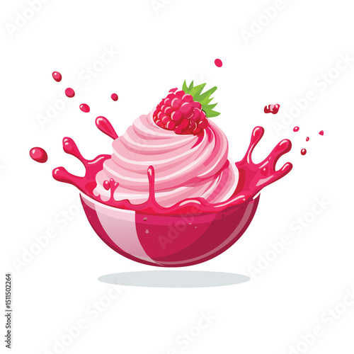Raspberry Sorbet with Sauce Splash creative isometric illustration with layered dimension and depth cues.