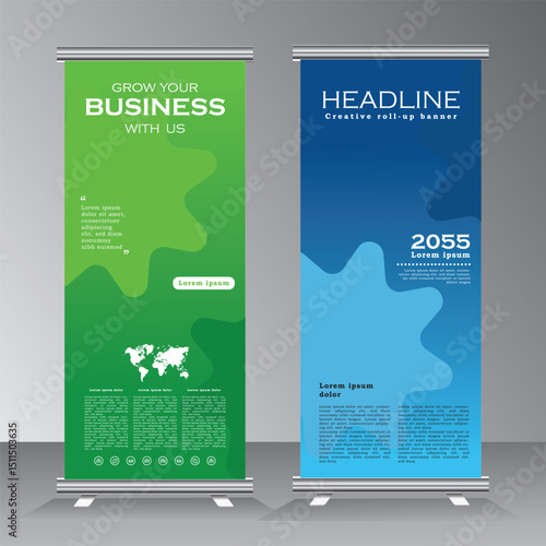 Corporate Business Roll Up Banner Design, Vertical Banner for business, blue and green roll up banner of event, presentaion, party, confferance, company, summit, welcome, Vector banner,