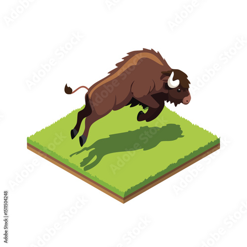 Bison jump isometric vector illustration with clean geometry and modern design