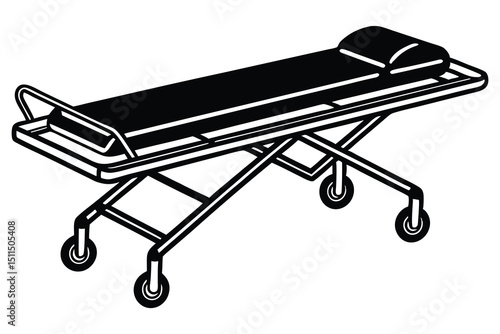 Isometric View of a Medical Stretcher or Gurney with Wheels in Black and White Silhouette