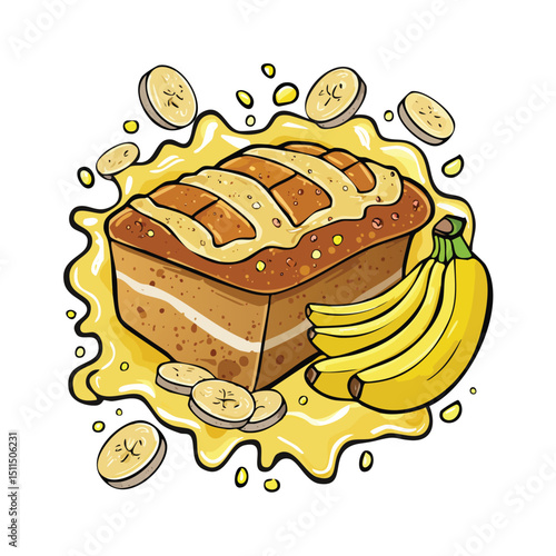Banana Bread splash Colorful Vector in Adorable Comic Style with Expressive Lines..