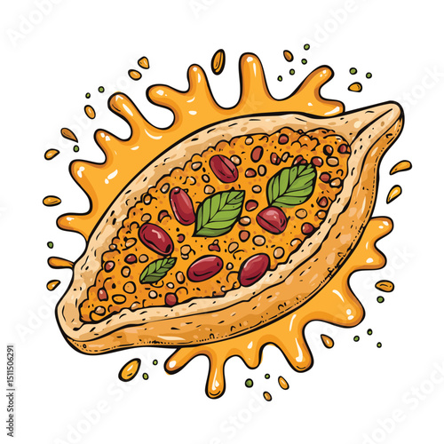 Turkish Pide splash Colorful Vector in Adorable Comic Style with Expressive Lines..
