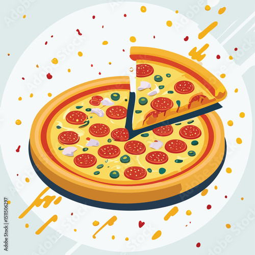 Pizza with Sauce Splash creative isometric illustration with layered dimension and depth cues.