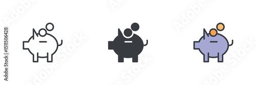 Piggy bank with coins different style icon set