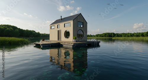 Idyllic Floating Home On Serene Lake Underneath A Beautiful Sky