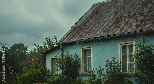 Wallpaper Mural Quaint Country House Under Refreshing Rainfall with Verdant Garden Blooms Torontodigital.ca