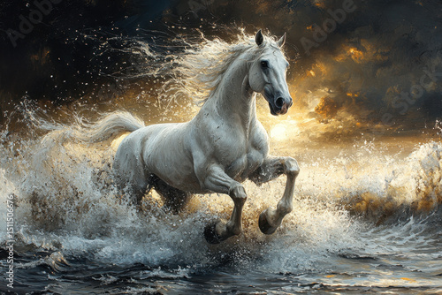 White horse running through water.
