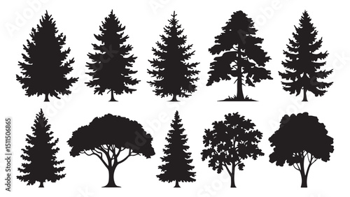 Silhouettes of various trees in a nature-inspired vector art collection