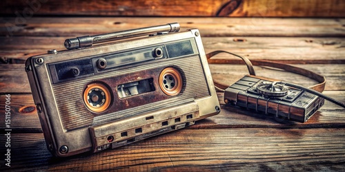 Vintage Cassette Player and Walkman on Wooden Tabletop