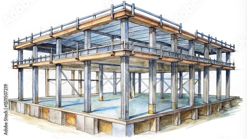 Watercolor Illustration of a Building Under Construction - Steel Frame and Concrete Foundation