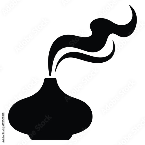 Black silhouette vector of a diffuser emitting gentle vapor or an incense stick with smoke rising in smooth, flowing lines 