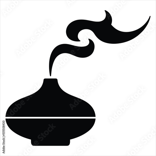 Black silhouette vector of a diffuser emitting gentle vapor or an incense stick with smoke rising in smooth, flowing lines 