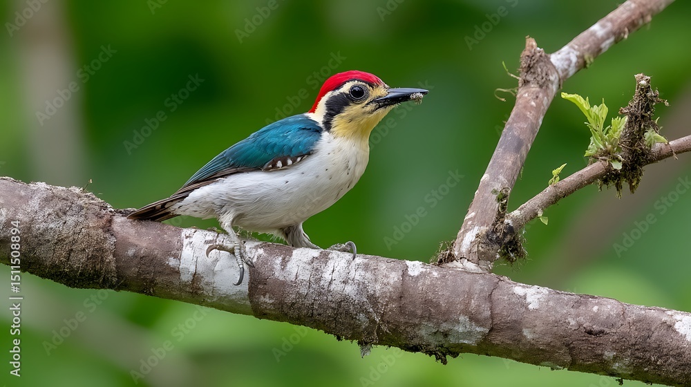 Fototapeta premium Colorful Woodpecker Sitting on Branch in Natural Green Environment