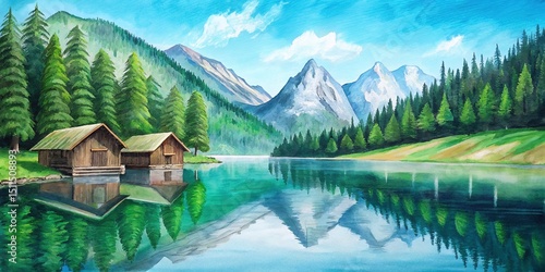 Watercolor Painting of Lakeside Cabin and Mountains