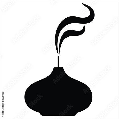 Black silhouette vector of a diffuser emitting gentle vapor or an incense stick with smoke rising in smooth, flowing lines 