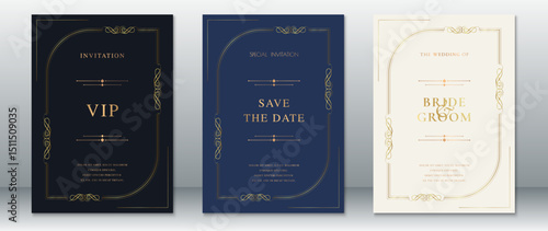 Elegant invitation card collection featuring black, navy blue, and ivory backgrounds. Decorated with curved vintage gold borders, perfect for weddings, formal events, and VIP announcements.