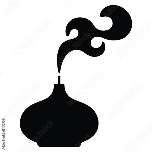 Black silhouette vector of a diffuser emitting gentle vapor or an incense stick with smoke rising in smooth, flowing lines 