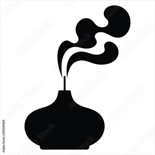 Black silhouette vector of a diffuser emitting gentle vapor or an incense stick with smoke rising in smooth, flowing lines 