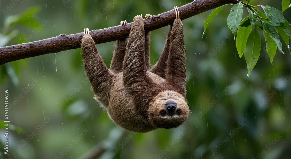 Fototapeta premium Three Toed Sloth Hanging Upside Down From a Wet Tree Branch