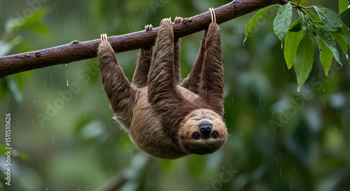 Three Toed Sloth Hanging Upside Down From a Wet Tree Branch