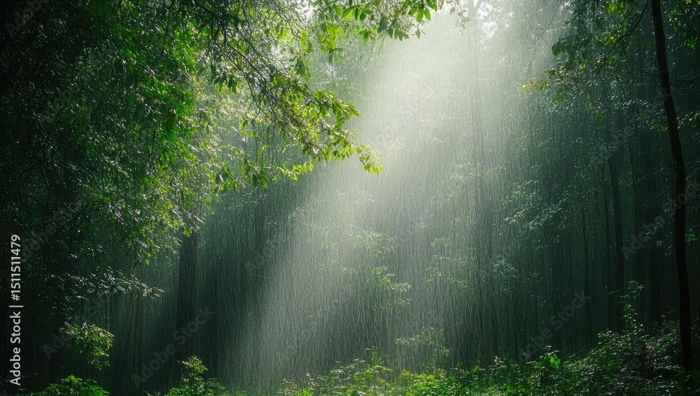 Fototapeta premium Sunlight streams through rain-filled forest canopy