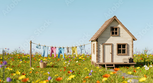 Idyllic Cottage Scene With Laundry Line In A Meadow Of Flowers