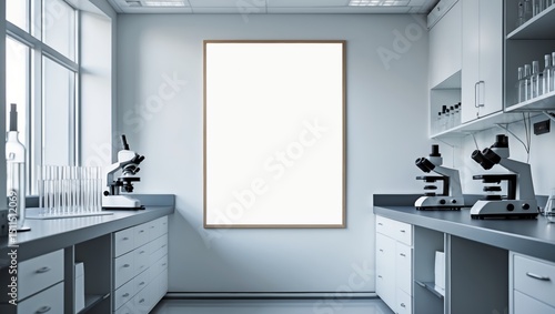 A white lab with a large empty wall and two microscopes