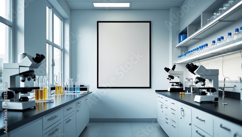 Laboratory with a white wall and black counters