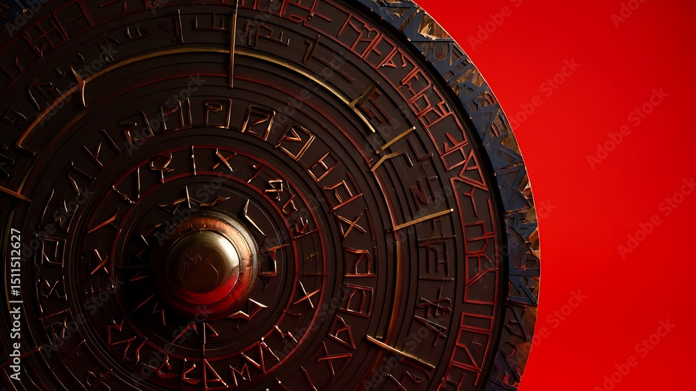 Fototapeta premium Ancient Runes and Golden Accents on a Dark Metallic Shield with Red Background