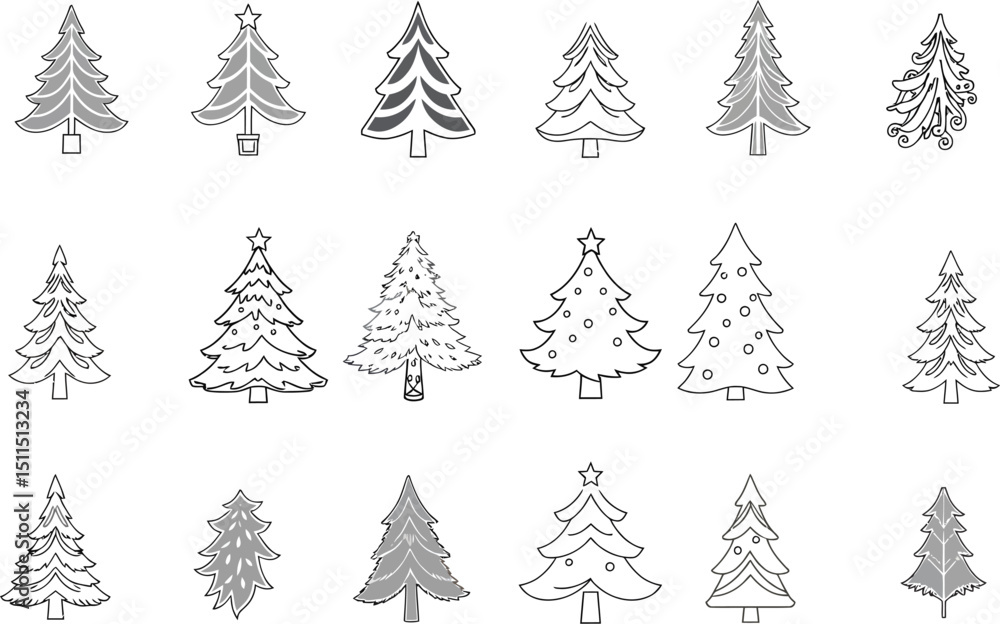 Obraz premium Christmas tree vector illustration set with fir forest and snowflakes for winter holiday decoration