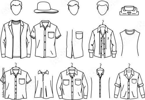 Vector illustration set of men's fashion clothing designs including shirts, t-shirts, jackets, and pants