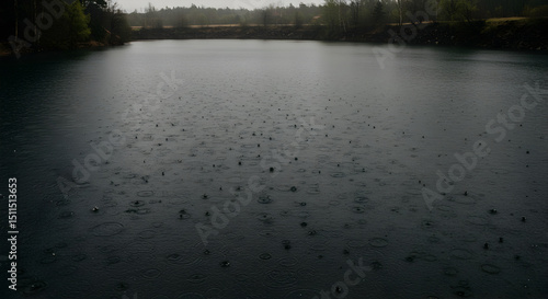 Gloomy Weather Over The Lake Causing Rain Drops In Rural Outdoors Scene