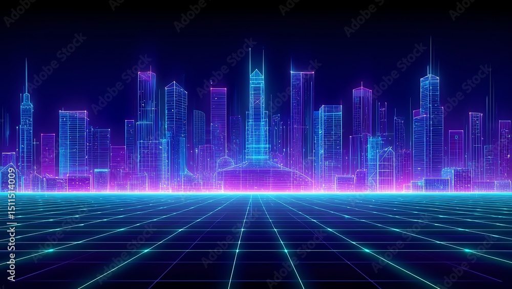 Futuristic Cityscape with Neon Glow and Grid Background Abstract Digital Art Cyberpunk Style Retro Wave Aesthetic Science Fiction and Technology Concept Illustration Futuristic Cityscape with Neon Glow and Grid Background Abstract Digital Art Cyberpunk Style Retro Wave Aesthetic Science Fiction and Technology Concept Illustration