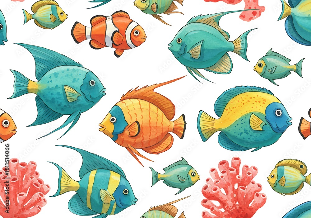 Fototapeta premium 水彩タッチの海の仲間たち