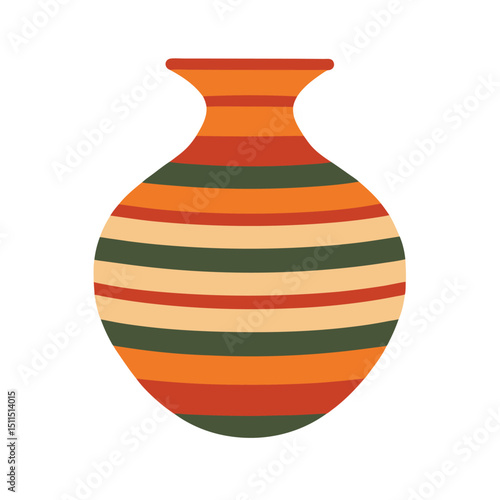 Colorful striped ceramic vase illustration with ethnic art design and retro aesthetic.