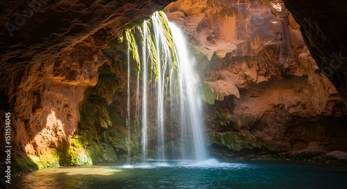 Majestic Waterfall Cascading Through an Enchanting Cave, Arizona Landscape