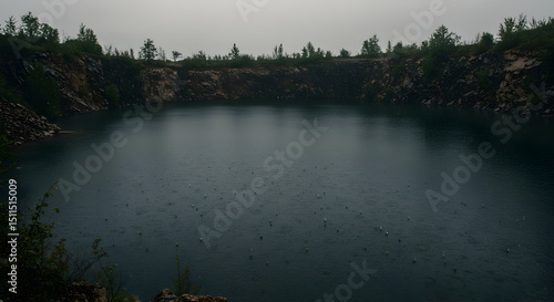 Rainy Day Over Serene Quarry Lake Surrounded By Rocky Walls And Greenery